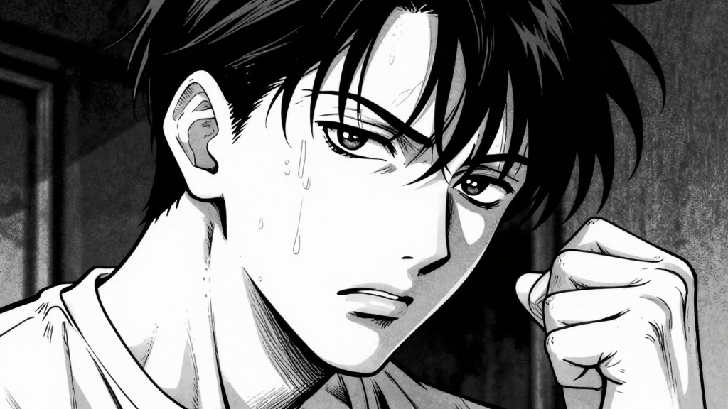 Mikhail’s face, sweat forming at his brow as he wrestles with his decision.