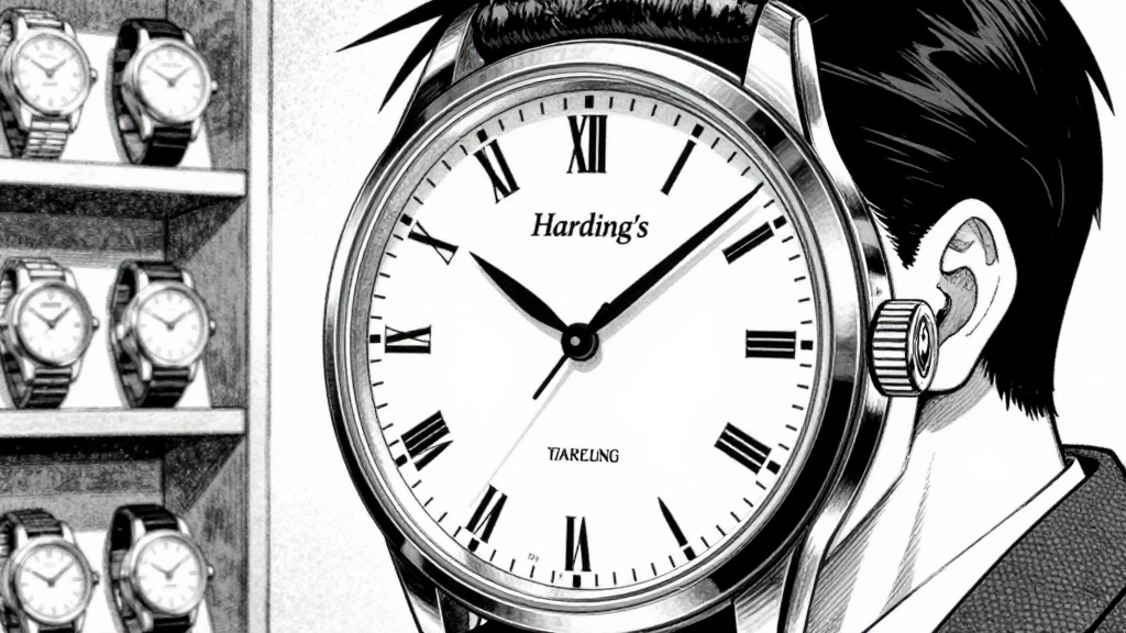 Harding’s vintage watch ticking as he stares at the display.