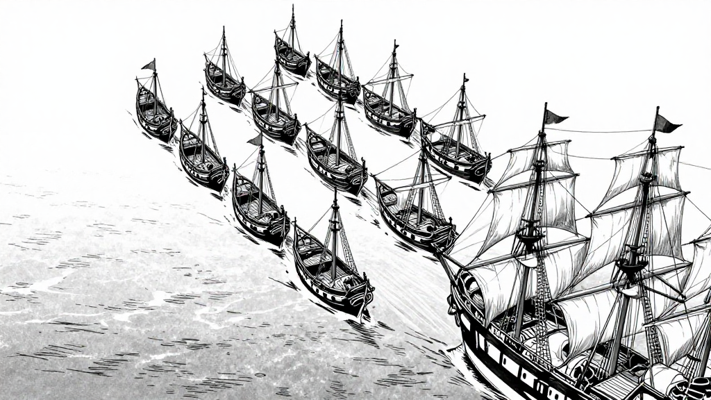 Pirate vessels converging in a perfect Red Flag formation around the ship.