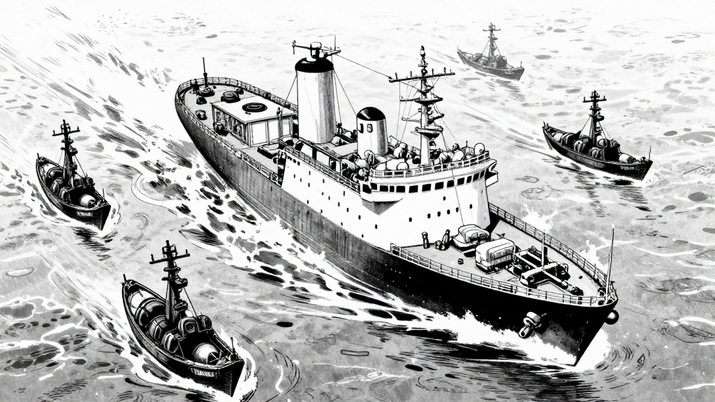 The ship breaking through the ambush, escaping the pirate vessels.