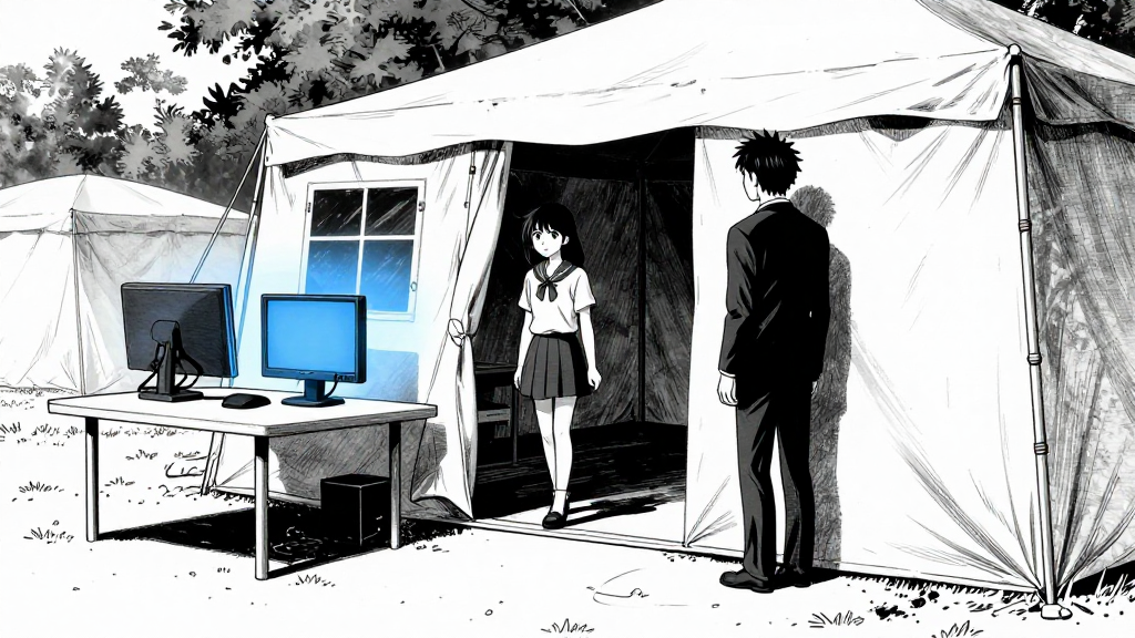 Tenzing enters the Research Tent, Maya stands at the table, blue monitors casting shadows.