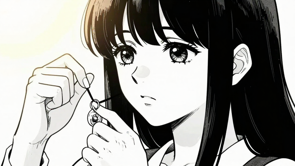 Maya’s hands touch her pendant, eyes distant, lost in thought.