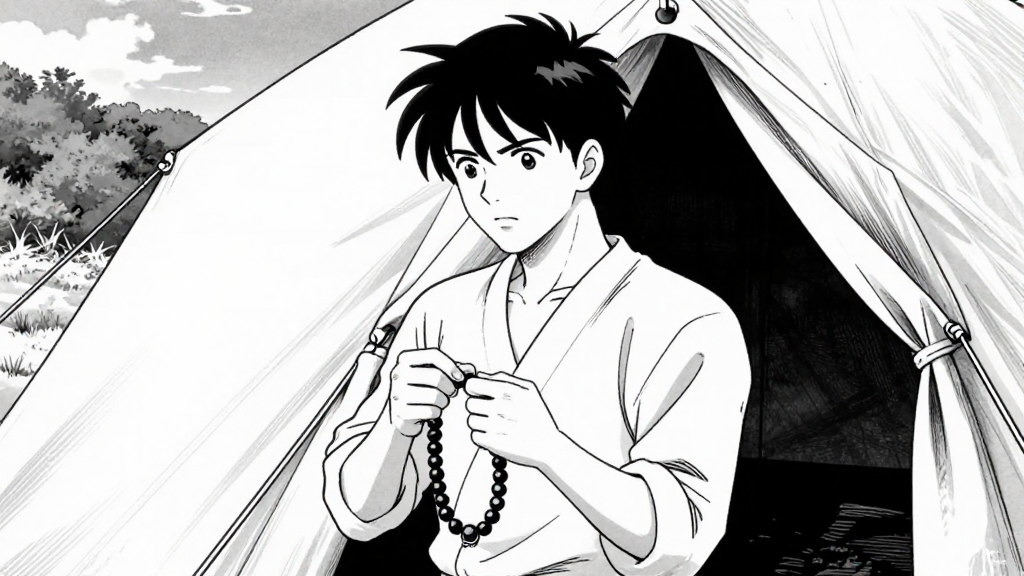 Tenzing checks the wind, adjusting his prayer beads, standing near the tent entrance.