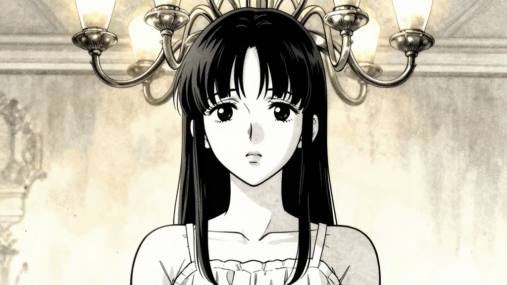 Elena stands alone, facing the chandelier in quiet acceptance.