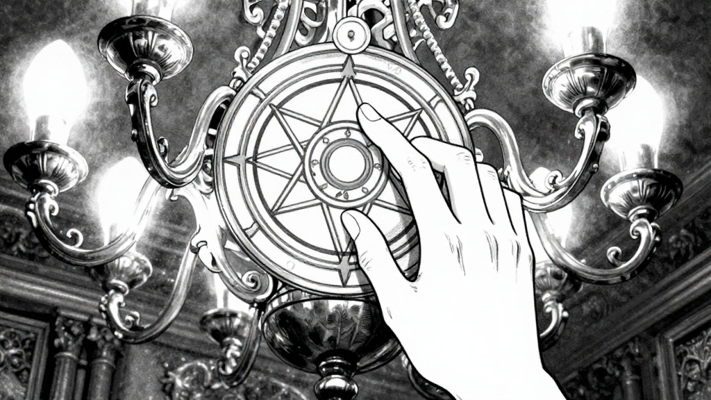 Elena's finger traces the sacred geometry on the chandelier.