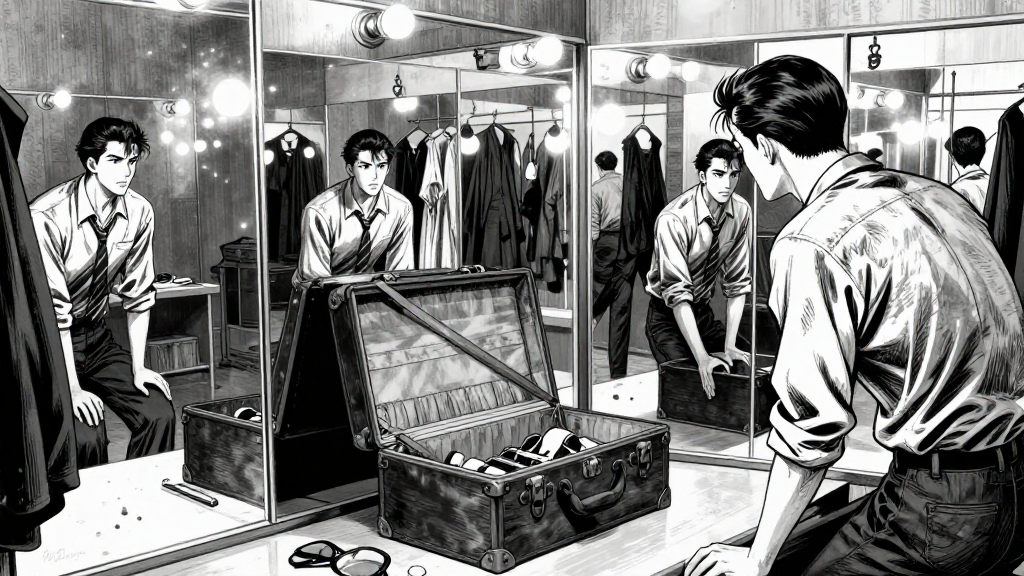 Marcus Webb's dressing room at Titan Studios, 1927. Mirrors stretch infinitely, reflecting a man in his twenties who looks like he's seen too much. Half-packed trunk sits open in center.