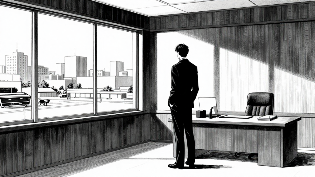 Arthur Sterling's executive office, mahogany-paneled walls, floor-to-ceiling windows showing the studio lot below like a city of coffins.