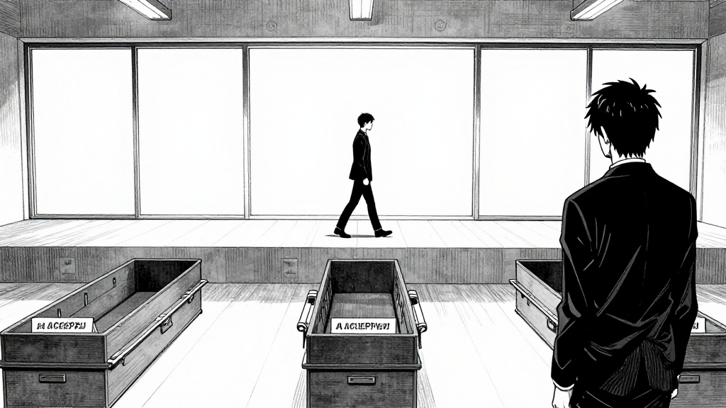 Marcus walks across Sterling's office to the window. Below, the studio stages stretch like numbered coffins—three of them have already been 'accepted' performers' final performance.