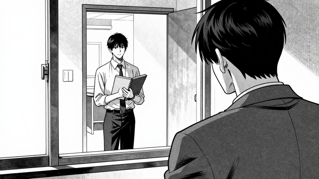 Marcus at the window, then turns back to Sterling. Behind him, Sterling's assistant stands in the doorway holding the notebooks Marcus lent him months ago.