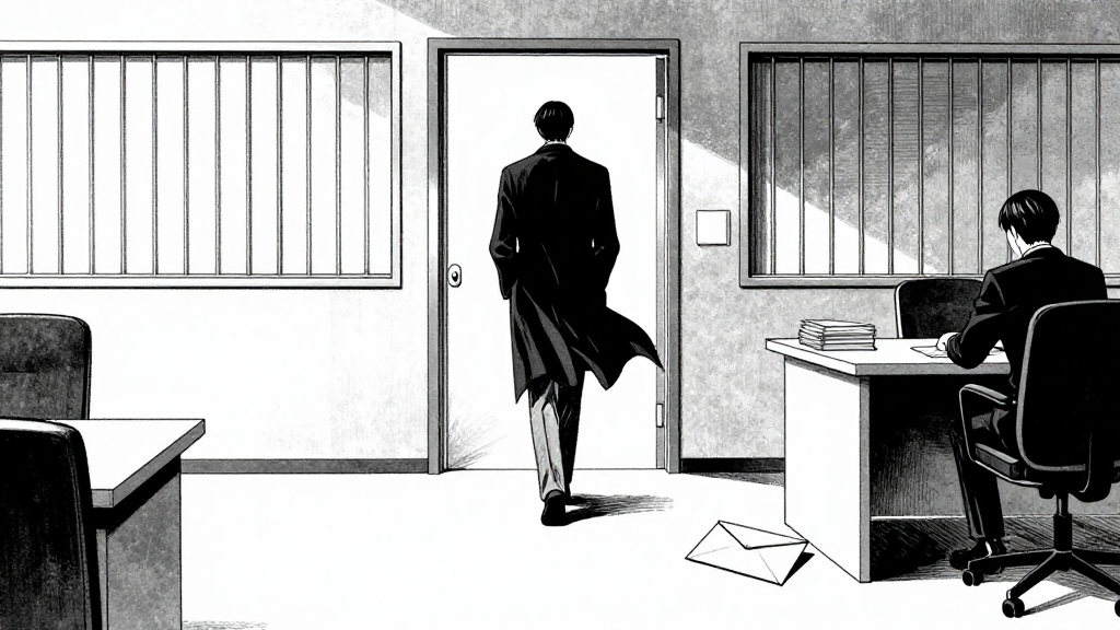 Marcus walks toward the door, his coat billowing slightly. Sterling remains at his desk, the envelope on the floor at his feet. The office walls, once symbols of power, now feel like a cage.