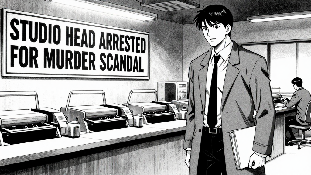 Eleanor waiting in the newsroom, the presses running nearby. Marcus enters, his coat still on, holding a file folder. The paper's headline glows: "STUDIO HEAD ARRESTED FOR MURDER SCANDAL".