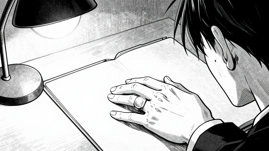 Marcus's hand, finally relaxing its tight grip on the file folder. His signet ring glows in the light. In the reflection, he no longer sees a terrified illusionist—he sees a man who told the truth.