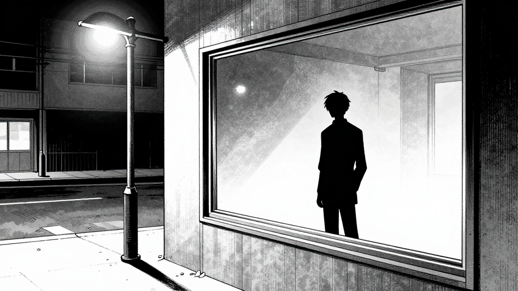 Night outside Titan Studios. Streetlamps cast long shadows. In the window, Marcus's silhouette stands by the window—no longer running, no longer hiding. Just standing.