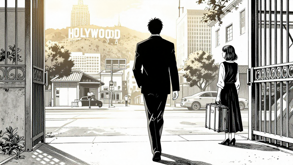 Outside the studio gates, Marcus walks away in the morning light. Eleanor waits nearby with his packed trunk. The city rises behind them—Hollywood, still glamorous, still dangerous. But Marcus is walking away with his head high.