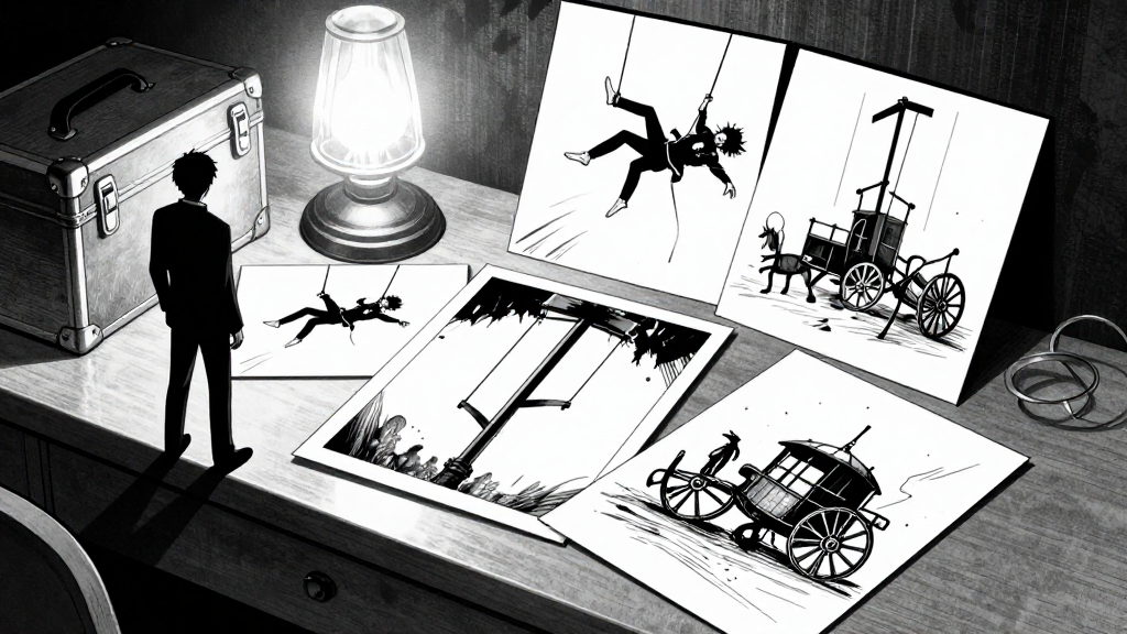 Marcus standing by his trunk, photographs scattered across his makeup table. Three images show: performer falling from trapeze, guillotine blade descending, horse carriage accident.