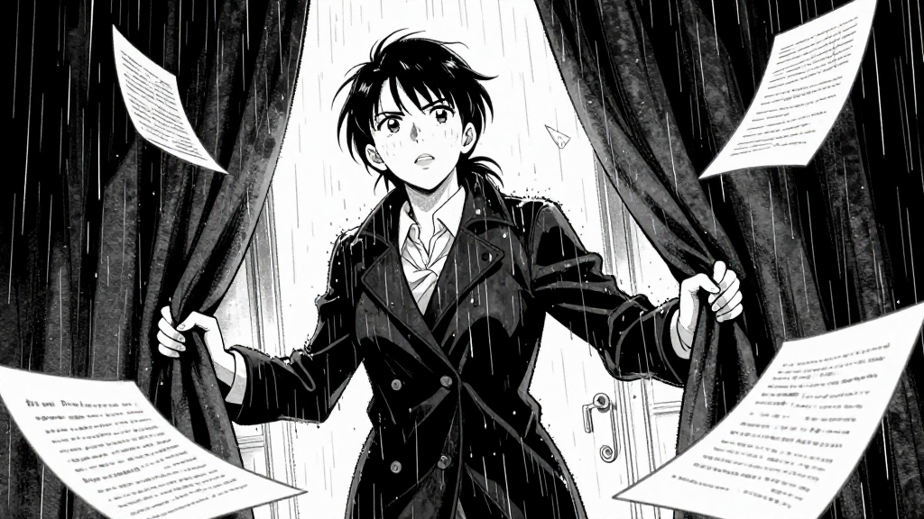Eleanor Vance bursts through velvet curtains, her coat soaked with rain, papers flying everywhere. Her expression fierce, determined.