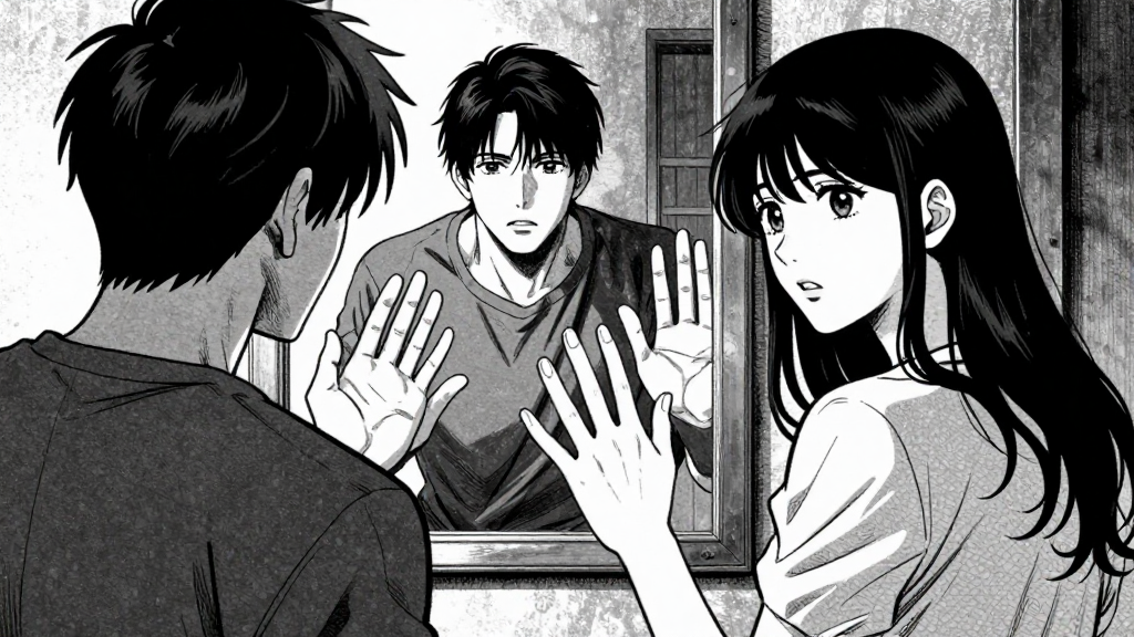 Marcus turns to face Eleanor. He holds up his hands defensively, his face etched with exhaustion. In the mirror behind him, his reflection shows a man ready to flee.