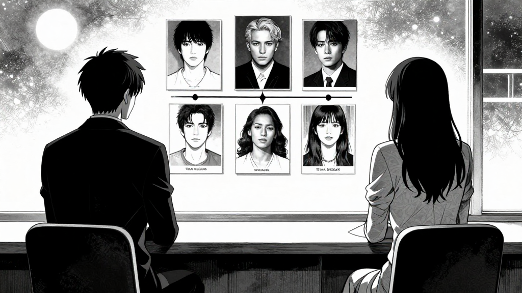 Marcus and Eleanor seated on opposite ends of Marcus's vanity. Behind them, photos on the wall now arranged in a pattern—three performer deaths connected to Titan Studios timeline.