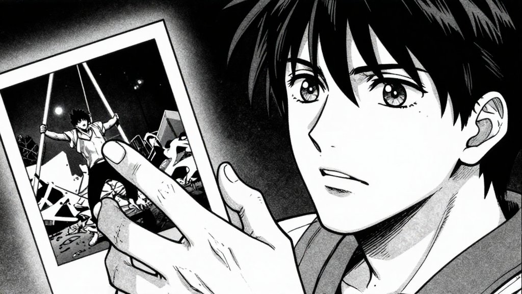 Marcus's hand, frozen mid-reach toward a photograph of a trapeze accident. His knuckles are white. His eyes show the realization hitting him.