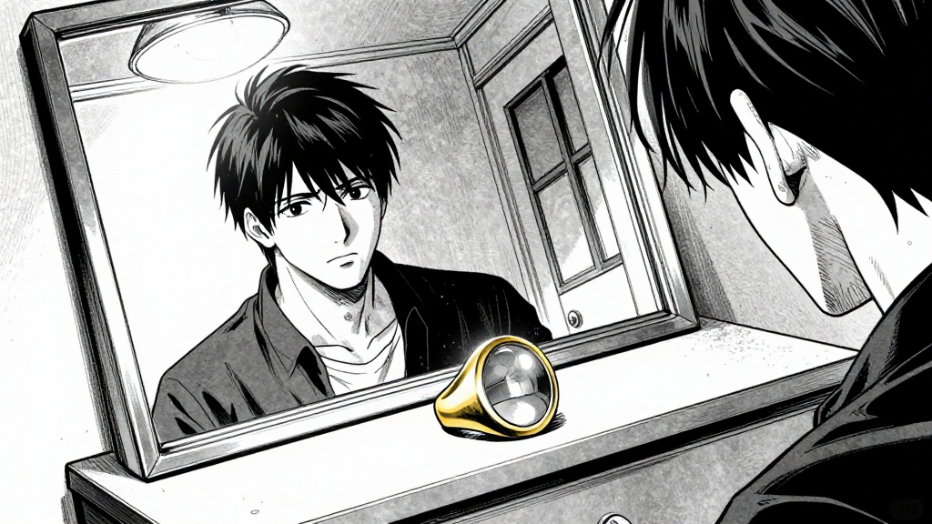 Marcus's gold signet ring spinning on the vanity. In the reflection, it shows Sterling's face. The room tilts, showing chaos in Marcus's mind.