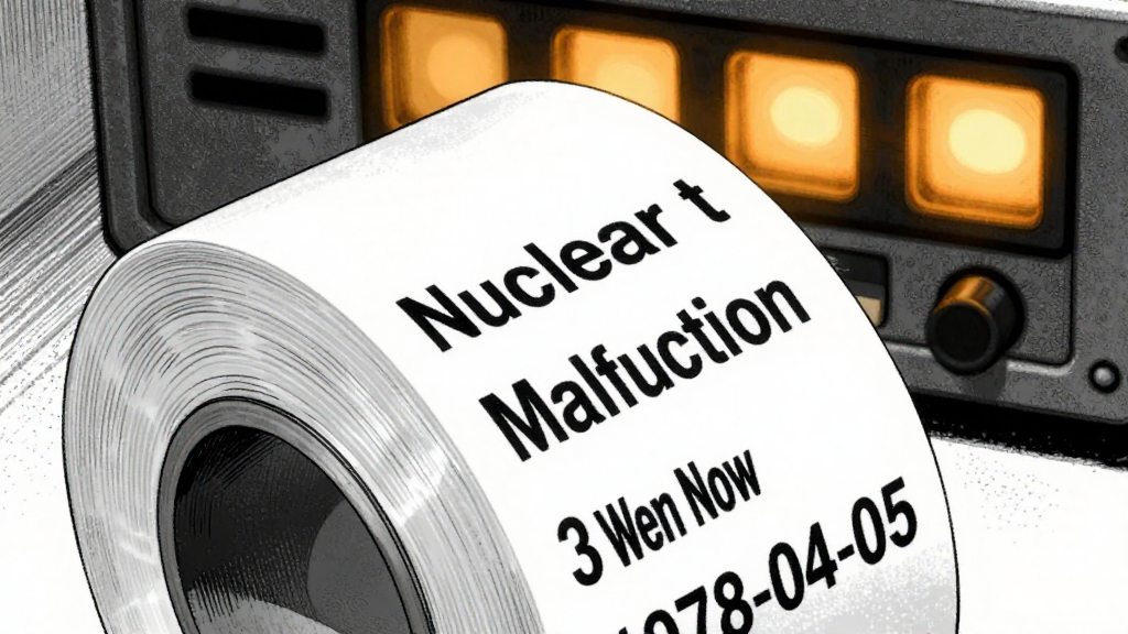 Extreme close-up of the paper tape with the timestamp: 'Nuclear Plant Malfunction – 3 Weeks From Now – 1978-04-05'