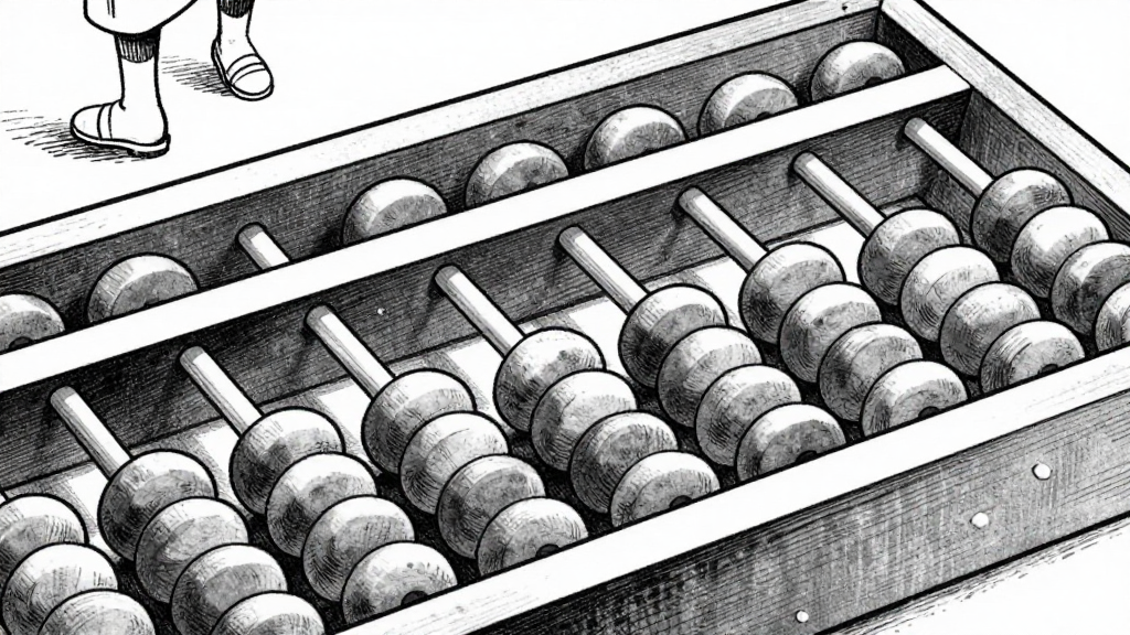 A close-up of the abacus with a loose bead tapping rhythmically, then distant footsteps.