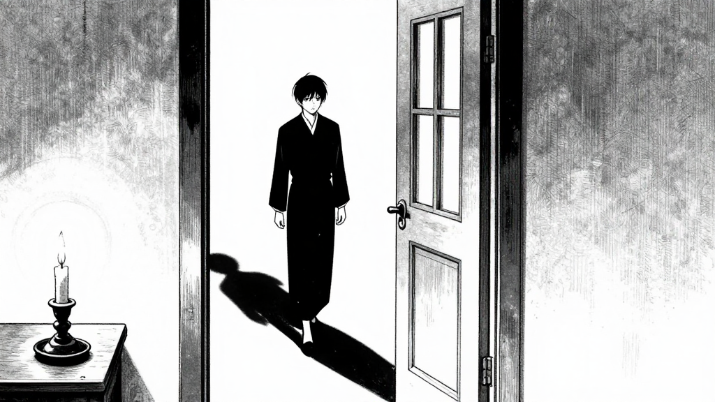 A shadow falls across the door as a servant steps into the room.