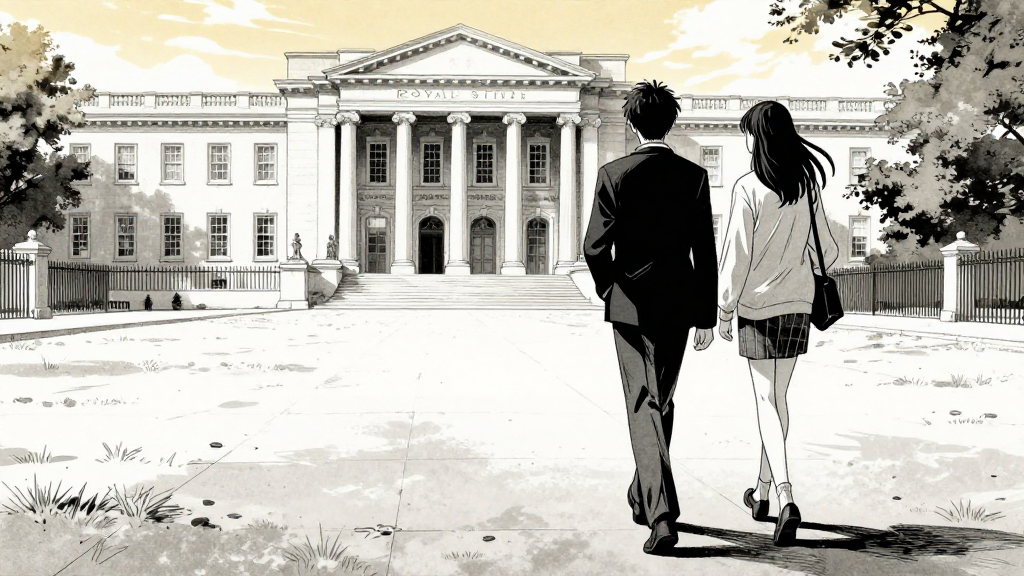 Eleanor and Silas walk away from the Royal Society.