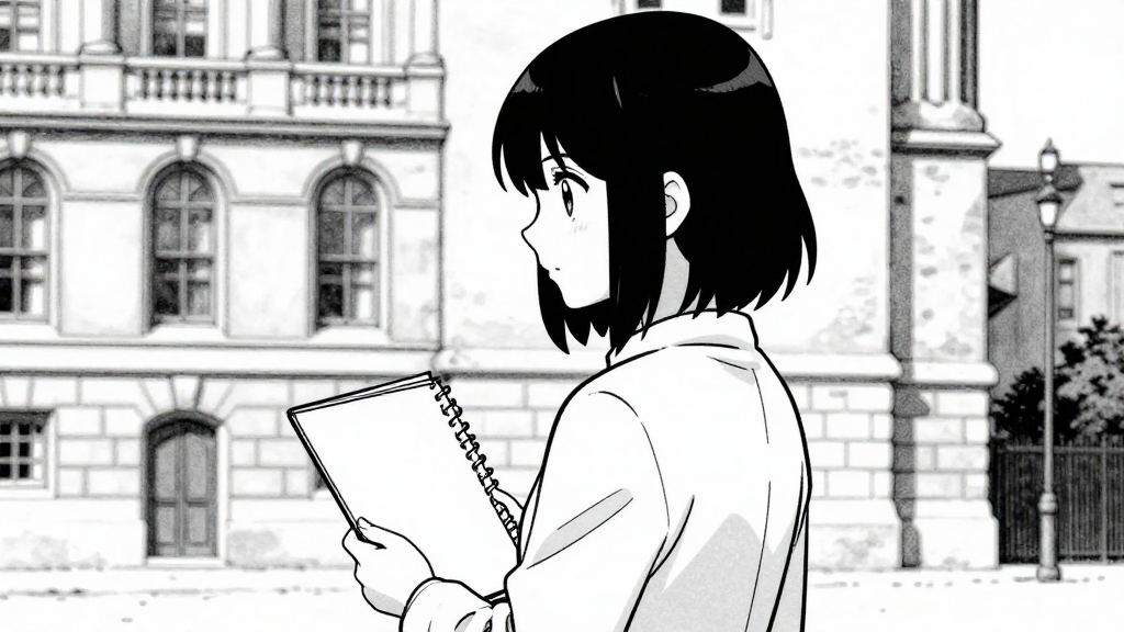 Eleanor clutches her sketchbook, looking back at the Royal Society.