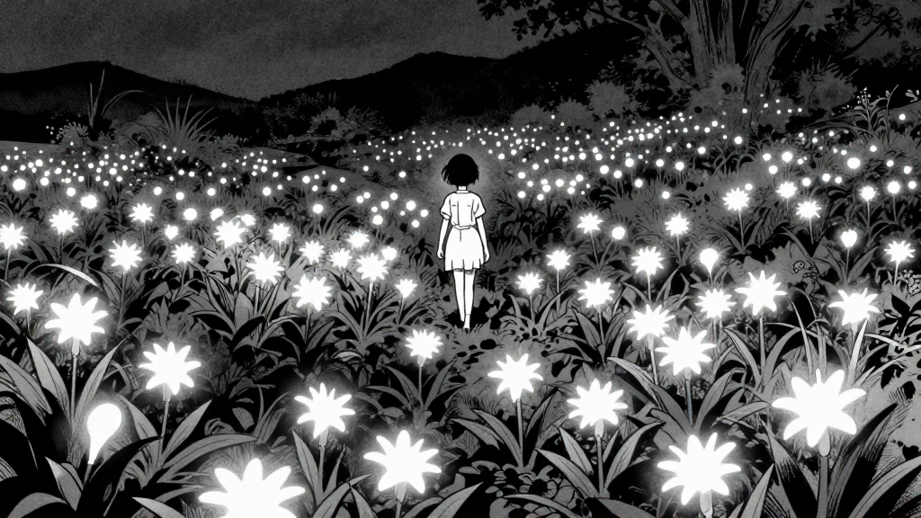 Bioluminescent flora glows in the distance as they walk.