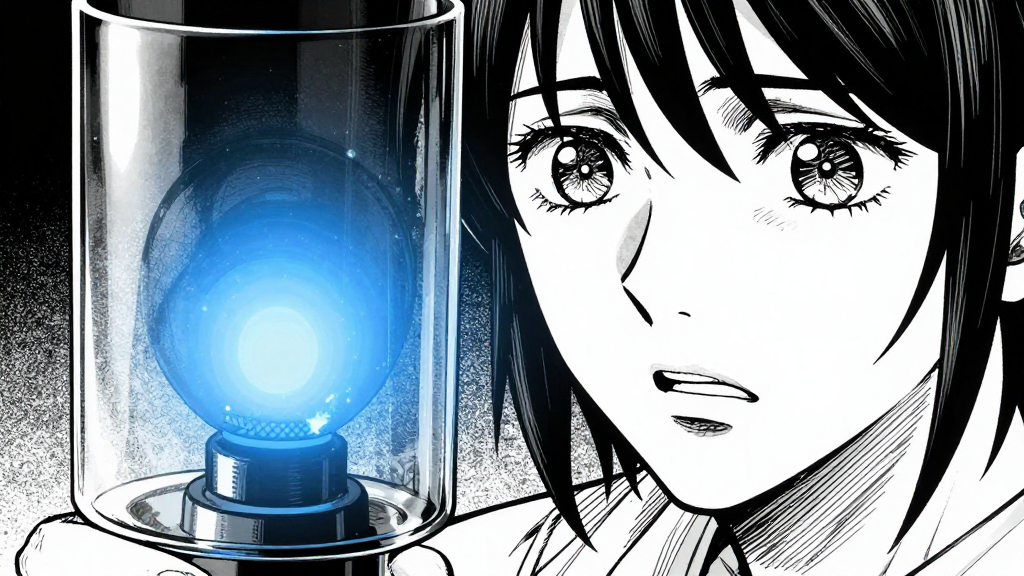 A blue light flickers behind a glass vessel, barely visible.