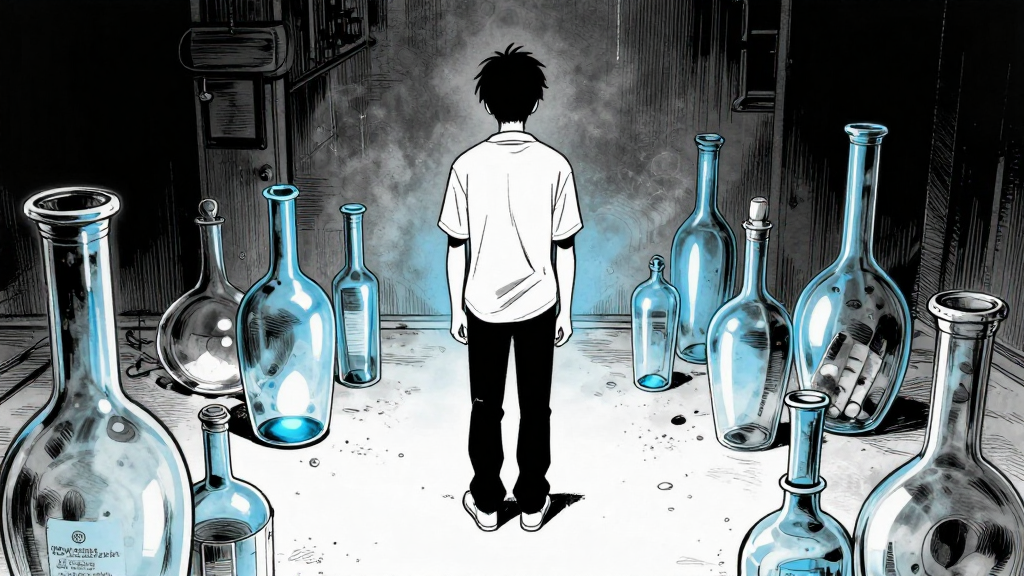 Silas stands in the basement, surrounded by glass vessels and blue light.