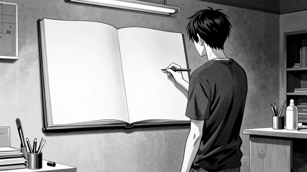 Joseph stands in his studio, staring at the empty sketchbook.