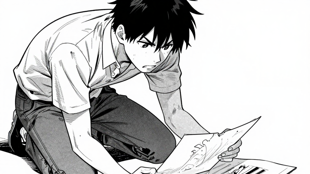 Joseph kneels, picking up a torn sketch, his face contorts with frustration.