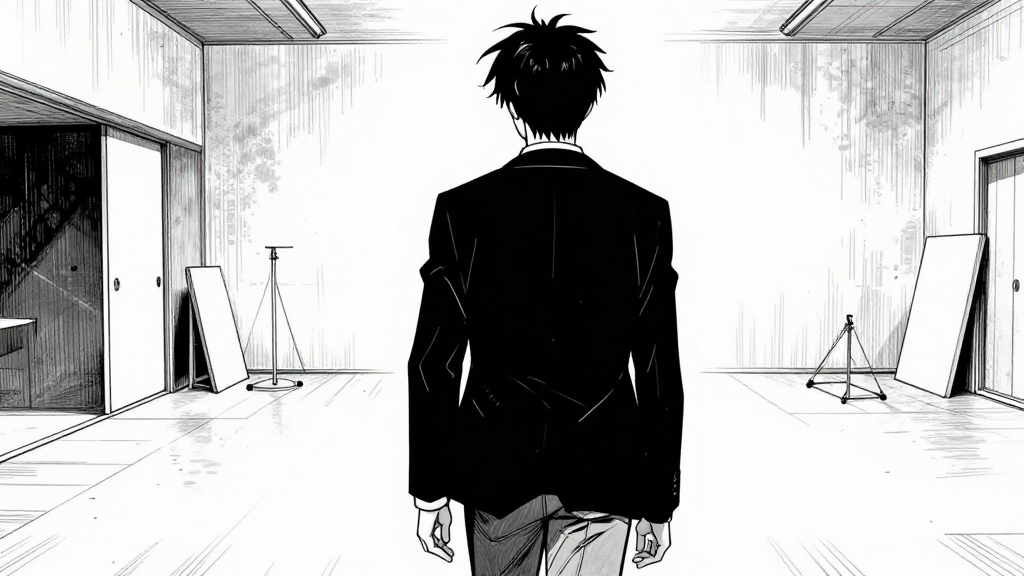 Joseph walks back toward the studio, the wind at his back.