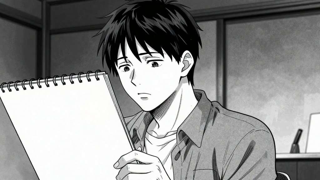 Joseph stands in his studio, staring at the empty sketchbook.