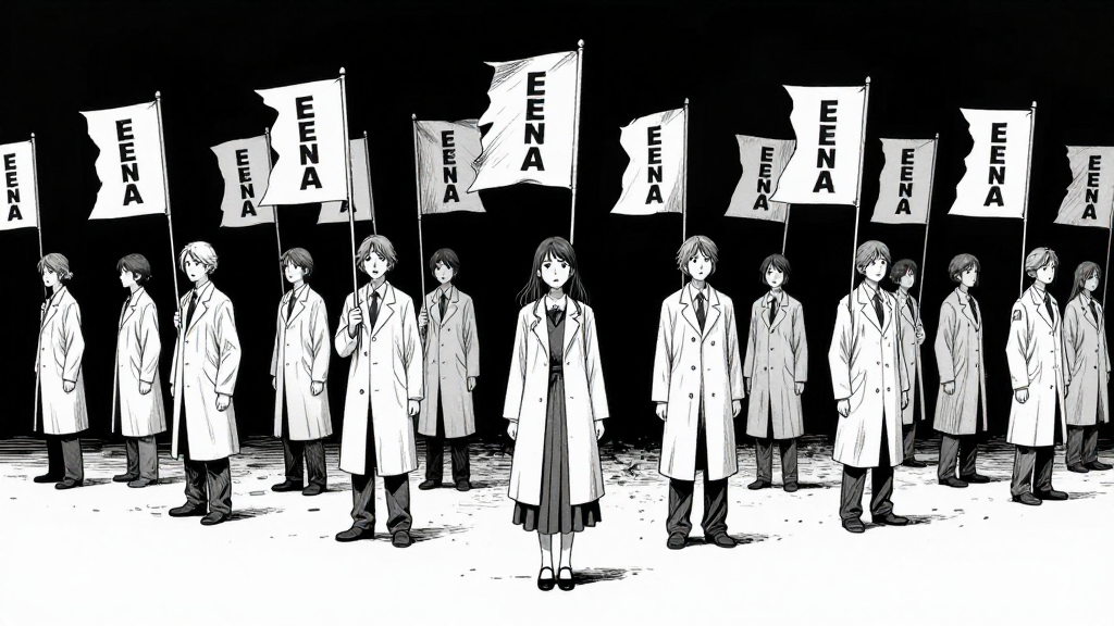 Sophie stands alone, plague doctor figures moving in perfect alignment with Elena’s flags.