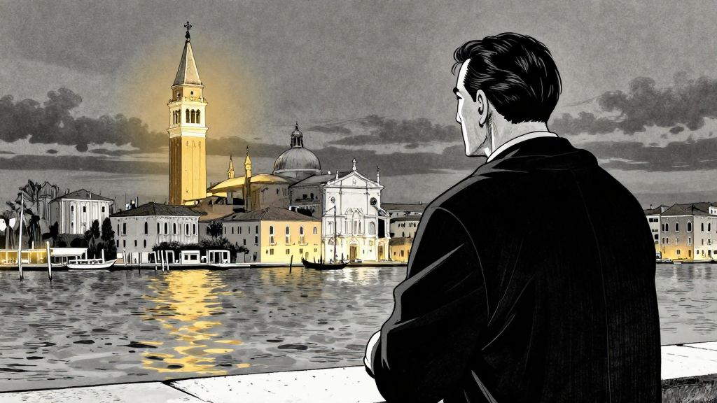 Father Domenico watches from across the lagoon, the Bell Tower glowing.