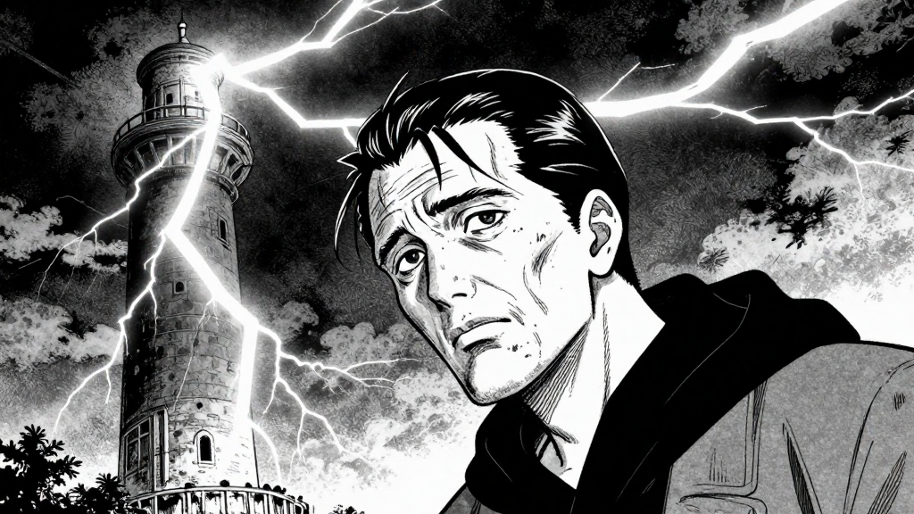 Father Domenico’s face, distorted, as lightning illuminates the tower.