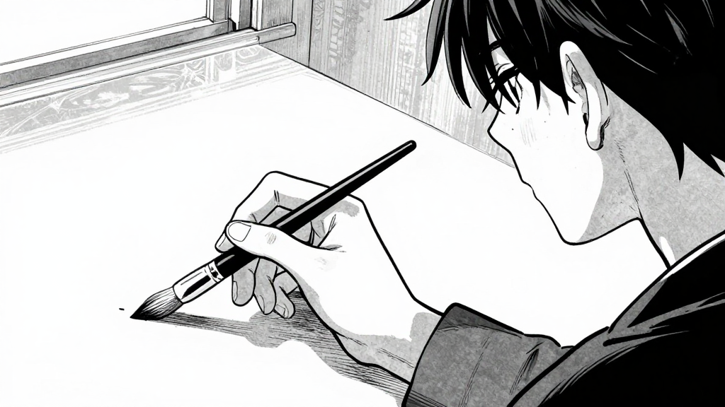 Kenji’s hand hovering over brush, symbolic of choice. Dawn light.