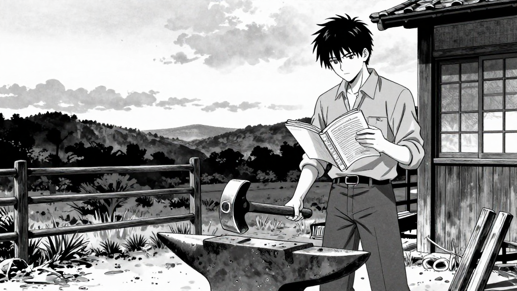 Kenji stands before the anvil, hammer lowered. Catalog open. Dawn approaching.