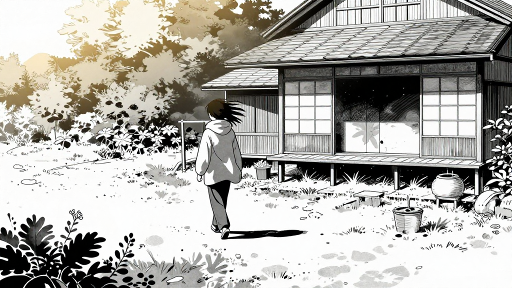 Taro walks toward the garden. The tea house falls silent, wind filling the space.
