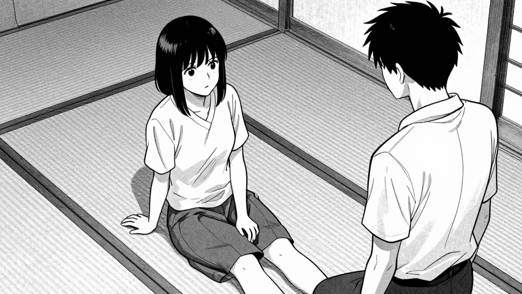 Yuki’s posture on tatami mats, Taro standing nearby. No one speaks.