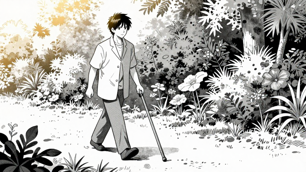 Taro walks toward the garden. His walking stick taps a steady rhythm.