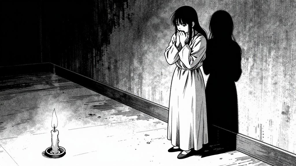 Marie stands trembling, Moustache watching silently in the corner.