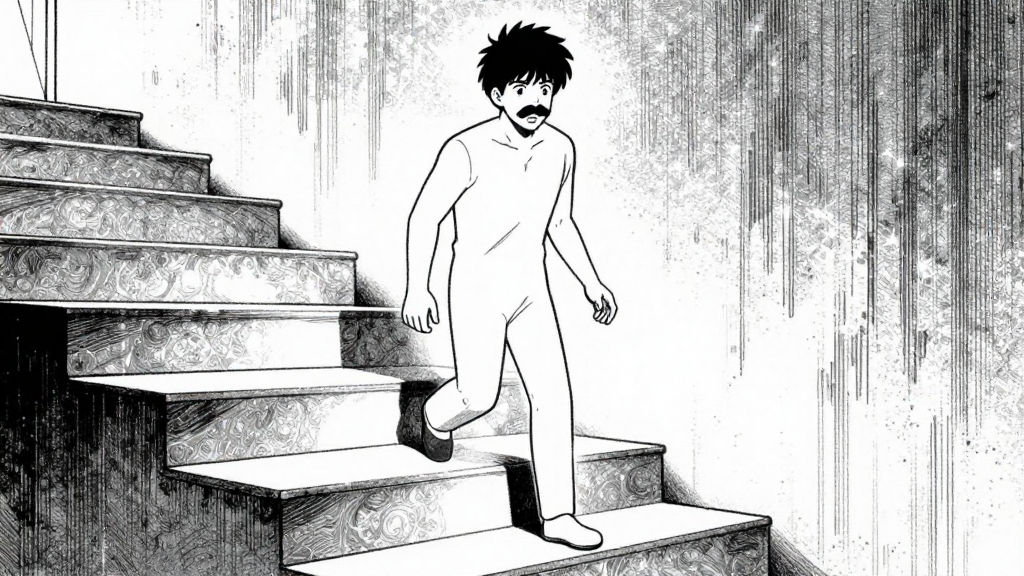 Moustache steps through a canvas, his body shimmering with light.