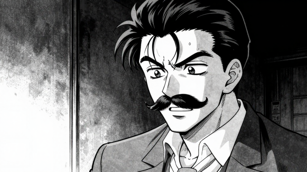 Henri stares at Moustache, his face twisted in awe and greed.