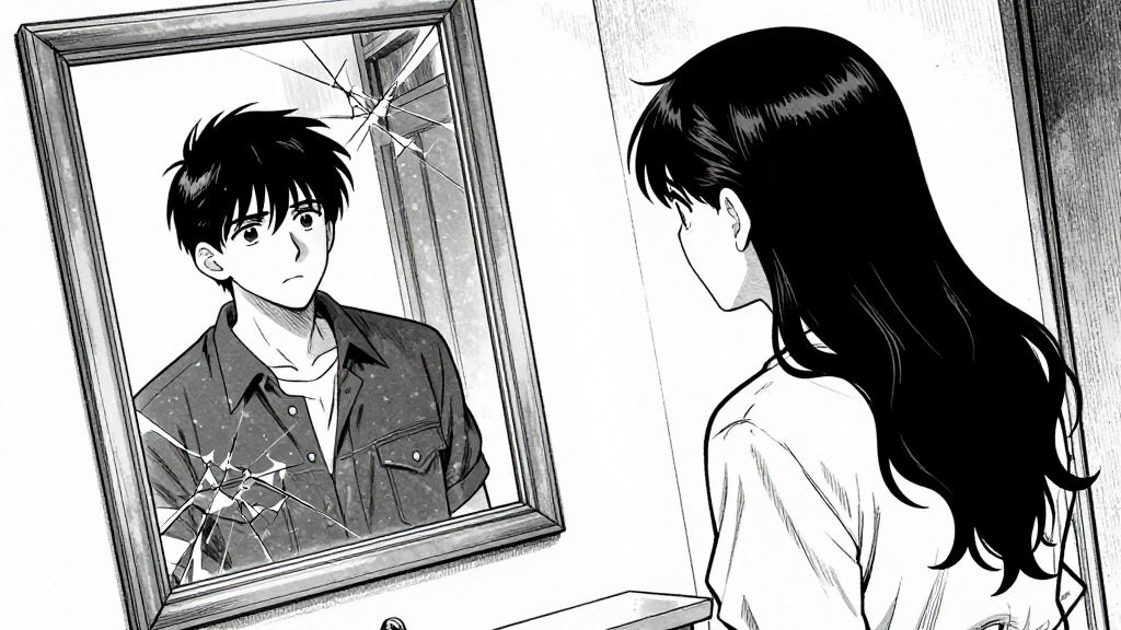 Henri and Marie face each other, a Dutch angle distorting the room.