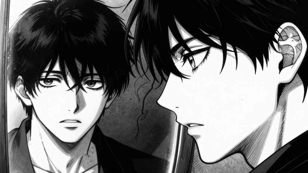 Henri’s face, with a shadowy reflection of his twisted self in the mirror.