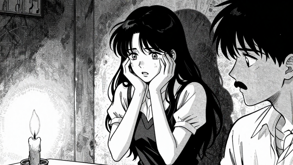 Marie stands trembling, Moustache watching silently from the corner.